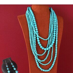 RNS-1010 Rustic Couture's Turquoise Beaded Layered Necklace Earrings Set